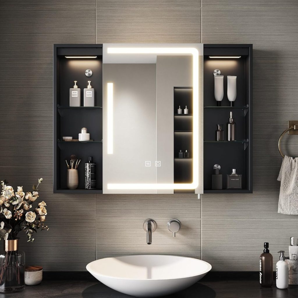 Armoire Murale Salle De Bain Avec Miroir LED - Fonction Antibuée, Prise Intégrée, 2 étagères Réglables, Support Sèche-cheveux (50x15x70 Cm)