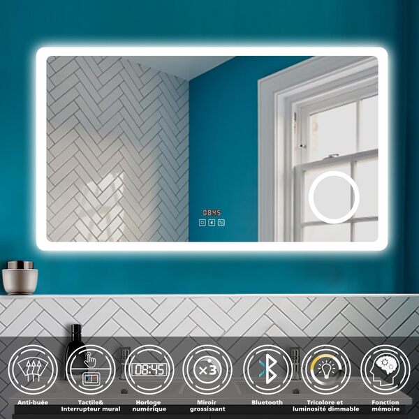 HAPAOSO Miroir Salle de Bain LED 120x70 cm，avec Bluetooth，3X loupe，Horloge,3 Couleurs+dimmable，Anti-buée, Miroir Mural