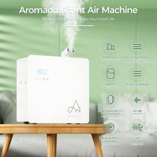 Aromadd Diffuseur d'huiles essentielles sans eau de 3500 m², 500 ml Machine à air parfumée intelligente pour la maison, l'hôtel, le bureau – Technologie d'air froid Diffuseur d'hôtel pour grande