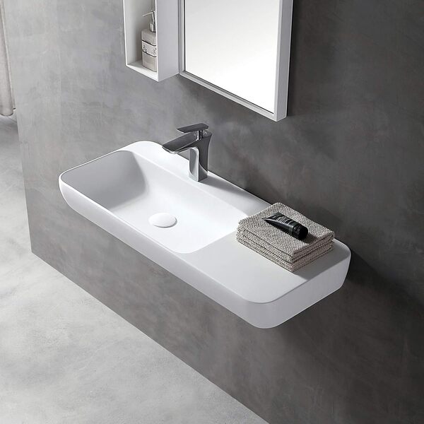 BERNSTEIN - Vasque Lavabo Rectangulaire à poser/suspendre fonte minérale Lave main mural Blanc mat 90x40x12cm sans Bonde - Design, Robuste & Durable - TWG202