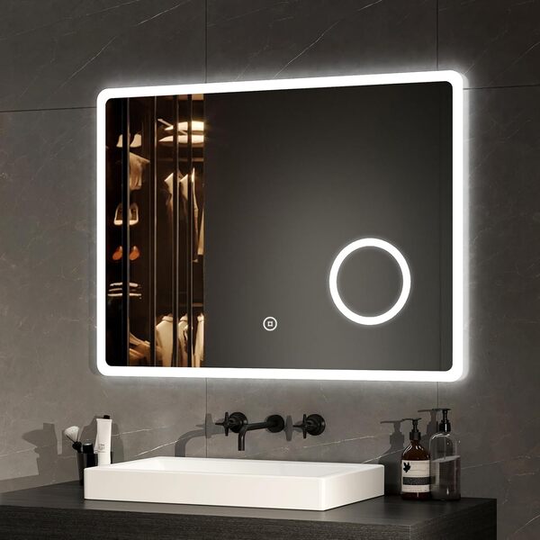 EMKE Miroir Salle de Bain LED 80 x 60 cm, avec Interrupteur Tactile + Anti-buée + Loupe 3 Fois + 3 Couleurs