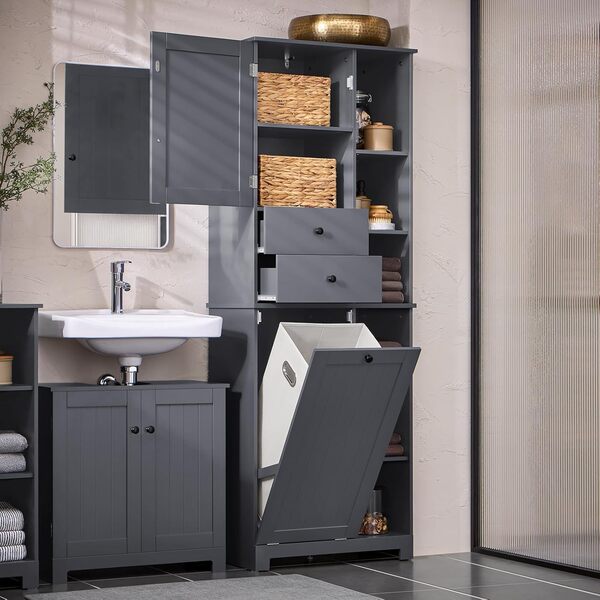 SoBuy Colonne Salle de Bain avec Panier à Linge Meuble Rangement Haut Armoire de Rangement avec 6 Étagères et 2 Tiroirs Meuble Salle de Bain avec Panier Gris 60x37x171 cm BZR104-DG