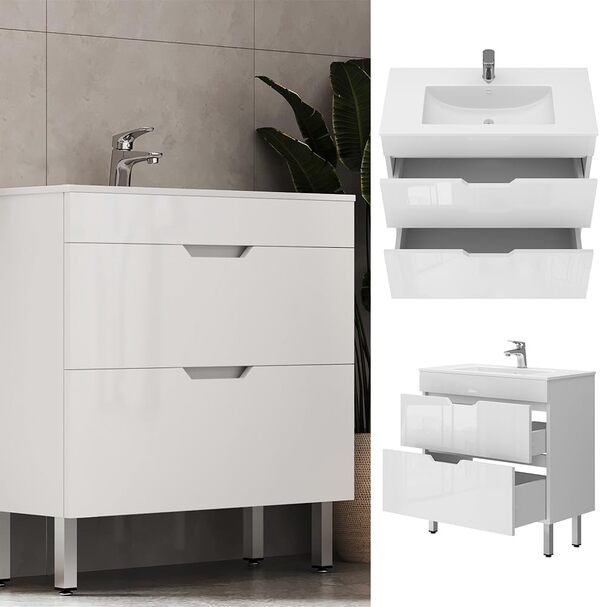Vicco Ensemble de Meubles de Salle de Bain Clayton, Blanc Haute Brillance, 2 pièces, Armoire Basse 80 cm