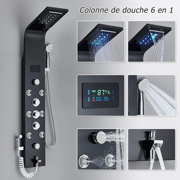 TTICCTIY Colonne de Douche Hydromassante LED Colonne Douche Inox Colonne de Douche Noir 6 Fonctions avec Buse de Massage Douche à Main Salle de Bains Murale