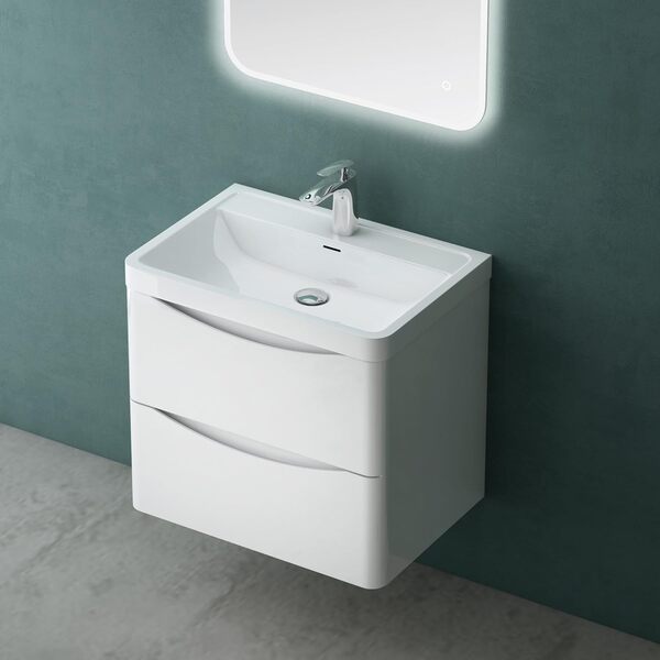 Mai & Mai Meuble de Salle de Bain Suspendu 60x50x42cm avec 2 Tiroirs et Lavabo Meuble Sous Lavabo Blanc Smile