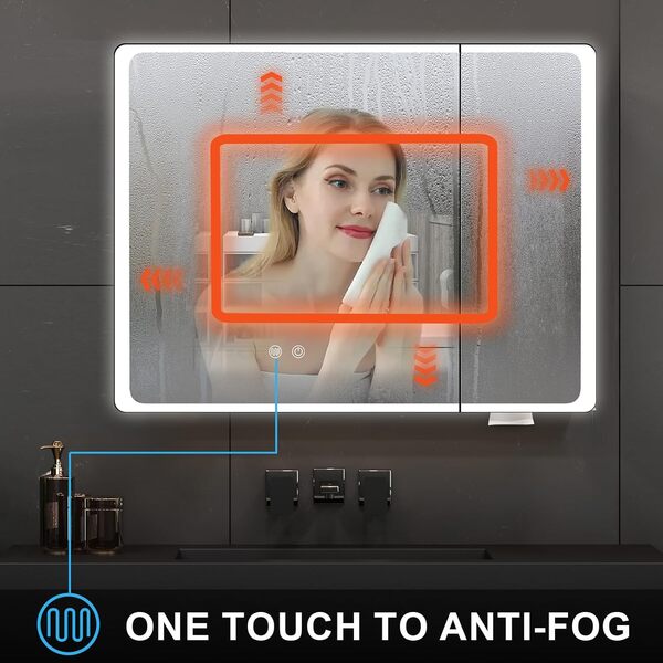 Buildonely Armoire de salle de bain avec miroir, éclairage, fonction anti-buée, 80 x 70 cm, avec portes pour salle de bain, commande tactile, noir, alliage d'aluminium