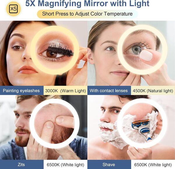 STARLEAD 120x70cm Miroir-LED-Salle-de-Bain-avec-Éclairage et Loupe 5X, Miroir-Mural avec Anti-buée, Dimmable, 3 Couleurs Lumière, Mémoire, IP44, Verre Trempé, Cadre Métal [Classe énergétique E]