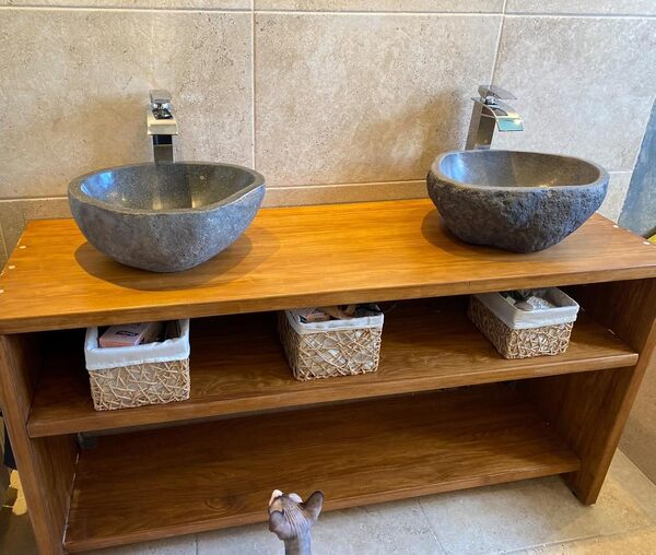 double vasque lavabo à poser en pierre naturelle 40/45 cm, Duo. CHOIX SUR PHOTOS ENVOYEES SUITE A VOTRE COMMANDE AVEC LES DIMENSIONS. VENDEUR FRANCAIS. Pour salle de bain.