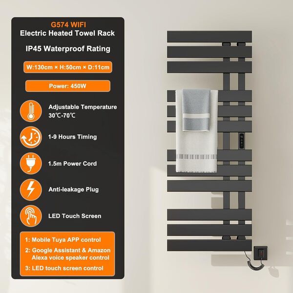 TINS Seche Serviette Electrique Seche Serviette Noir WiFi 500×1300mm 450W Porte-Serviettes électrique pour Alexa et Google Home et APP Radiateur Salle de Bain Économie d'énergie -WiFi Black Right