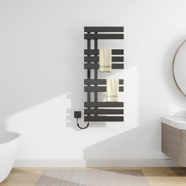 TINS Seche Serviette Electrique 380W 500×1200mm Seche Serviette Noir avec Minuterie/température Réglable Seche Serviette Salle de Bain IPX5 étanche économie d'énergie-Black Right