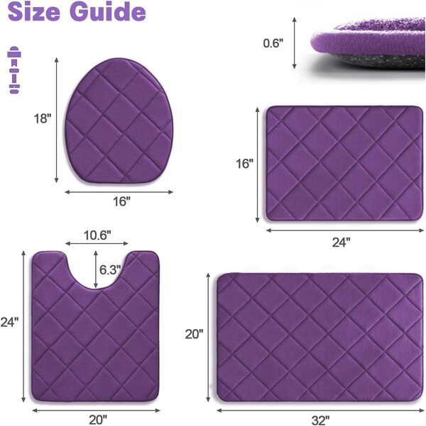 YIHOUSE Lot de 4 tapis de salle de bain antidérapants en mousse à mémoire de forme, lavables en machine, absorbants l'eau, pour toilettes et sol (violet)
