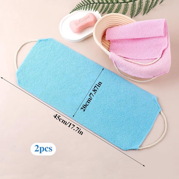 Lot de 2 brosses à récurer pour le dos, le corps, le bain, la sangle de traction avec poignées, gants de toilette exfoliants en nylon, rondelles de douche extensibles pour le visage, le dos, nettoie
