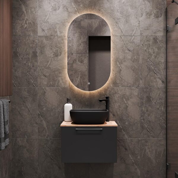 Planetmöbel Astra Ensemble de meubles de salle de bain avec lavabo de 60 cm, chêne doré, anthracite, lavabo à poser 42 cm, noir