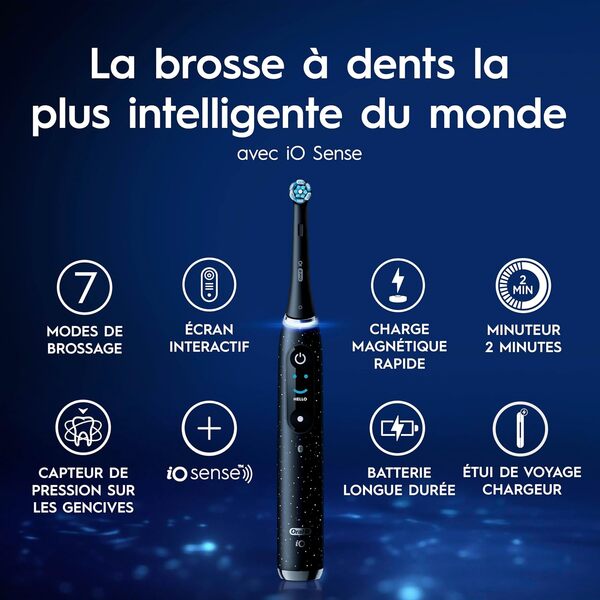 Oral-B Brosse A Dents Electrique Intelligente iO 10 Noire, 7 Modes De Brossage Incluant Blancheur, Propreté De La Langue, 3 Brossettes De Rechange Oral B, Conseils iO Sense, Etui De Voyage Chargeur
