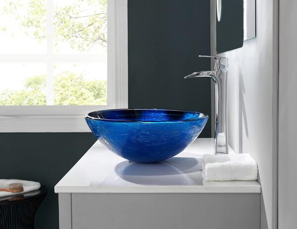 Fanwin Star Blue OceanMystery Series Vasque de salle de bain en verre trempé bleu étoilé | Lavabo au-dessus du plan de travail | Vasque à poser avec bonde pop-up | FW-LA604