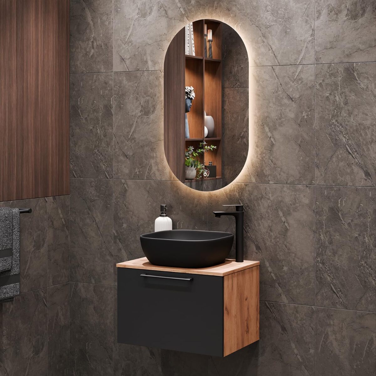Test de l'ensemble de salle de bain Planetmöbel Astra 60 cm : chic en anthracite et chêne doré