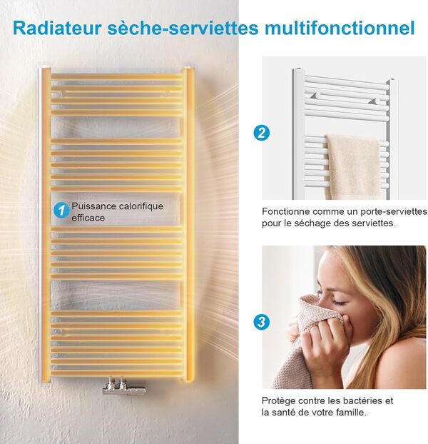 Heilmetz Seche Serviette Eau Chaude 160 x 60 cm,Blanc, Radiateur Chauffe Serviette Salle de Bain,Méthode de Chauffage - Eau Chaude,seche Serviette Salle de Bain