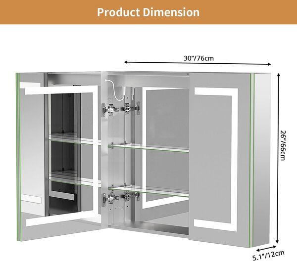 VOWNER Armoire Miroir Salle de Bain LED, Porte Double Miroir Salle de Bain avec Rangement, Anti-buée, Blanc Froid/Chaud/Neutre, Dimmable, avec Prise et Étagère en Verre Réglable, 76 x 66 x 12 cm