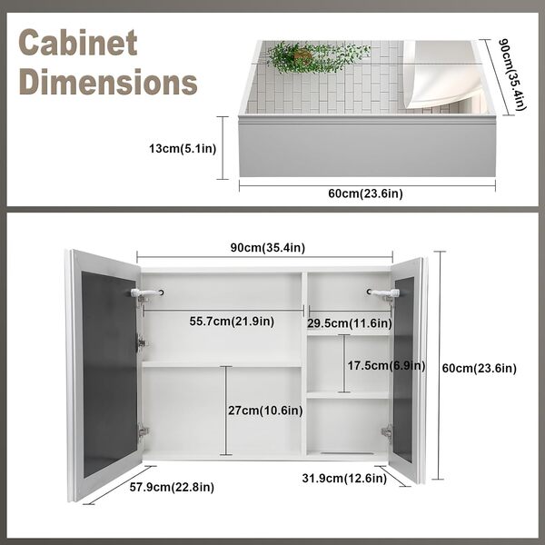 Buildonely Armoire de salle de bain avec miroir et éclairage LED, avec fonction anti-buée et portes, commande tactile, double porte, 90 x 60 cm, alliage d'aluminium [Classe énergétique F]