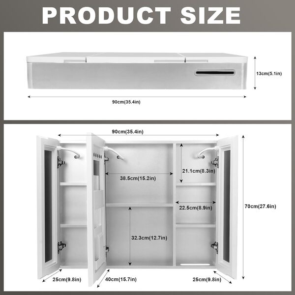 Buildonely Armoire de salle de bain avec miroir, éclairage, avec fonction anti-buée, 3 portes, commande tactile, 90 x 70 cm, alliage d'aluminium