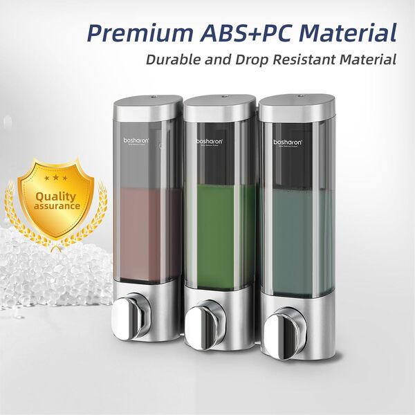 Distributeur de savon de douche 3 en 1, 3 x 300 ml, distributeur de shampooing et d'après-shampoing pour douche à fixation murale, distributeur de savon pour salle de bain, cuisine, hôtel (argent)