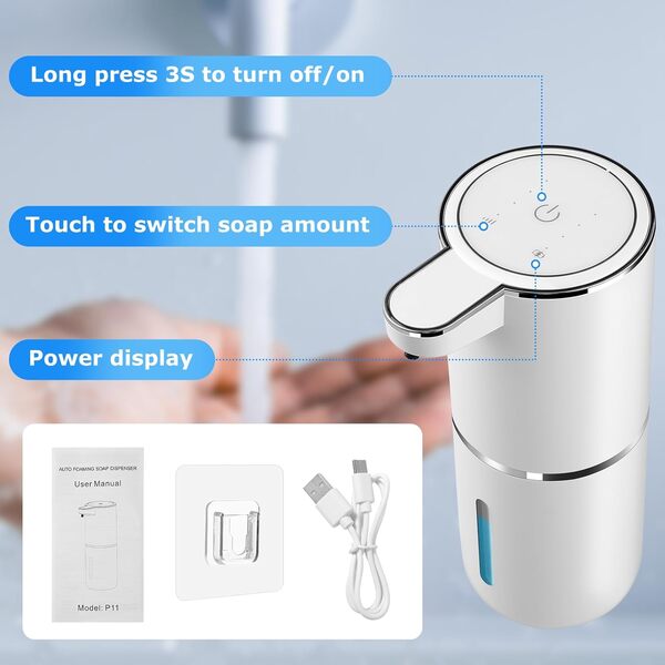 Lot de 2 distributeurs de savon automatiques, 380 ml, USB, sans contact, distributeur de savon moussant automatique, rechargeable à fixation murale, accessoire salle de bain, pour cuisine, vaisselle