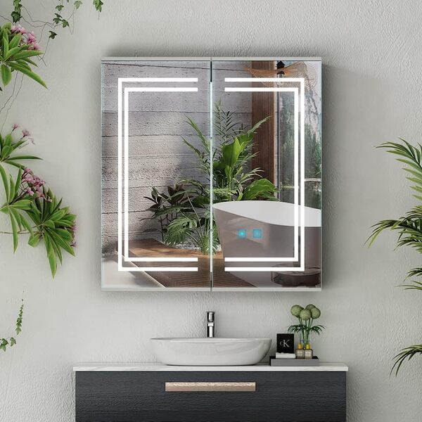 Armoire de Toilette Miroir avec éclairage et Prise 63 x 65 cm Armoire Murale Salle de Bain avec 2 Portes Miroir Salle de Bain Argent avec Etagere avec Rangement 2 Portes