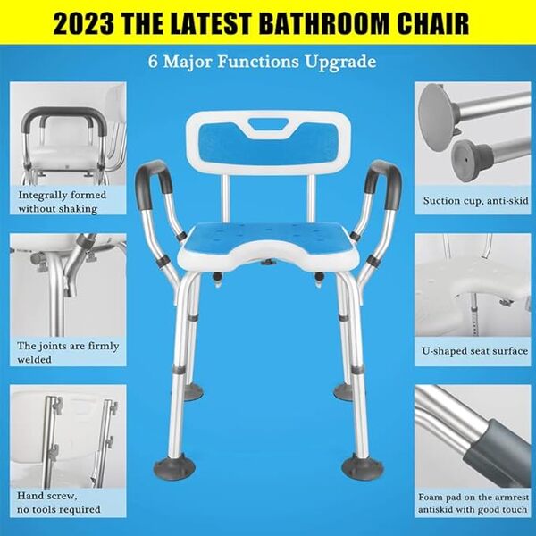 Chaise de douche avec accoudoirs rembourrés et 2 types de pieds antidérapants, tabouret de bain robuste, assemblage sans outils, 6 niveaux de réglage de la hauteur, peut supporter jusqu'à 158,8 kg