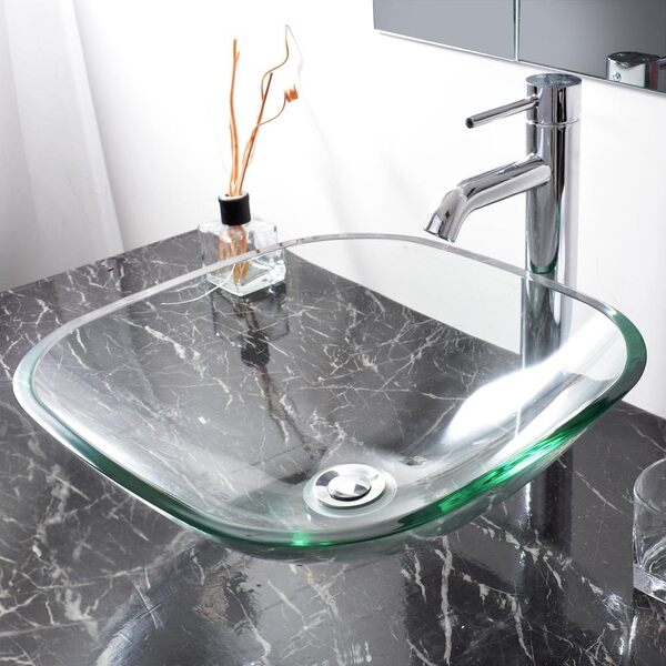 Aquaterior Tempered Glass Bathroom Vessel Sink Natural Clear Square Shape Transparent Basin Easy-to-clean Minimalist Modern